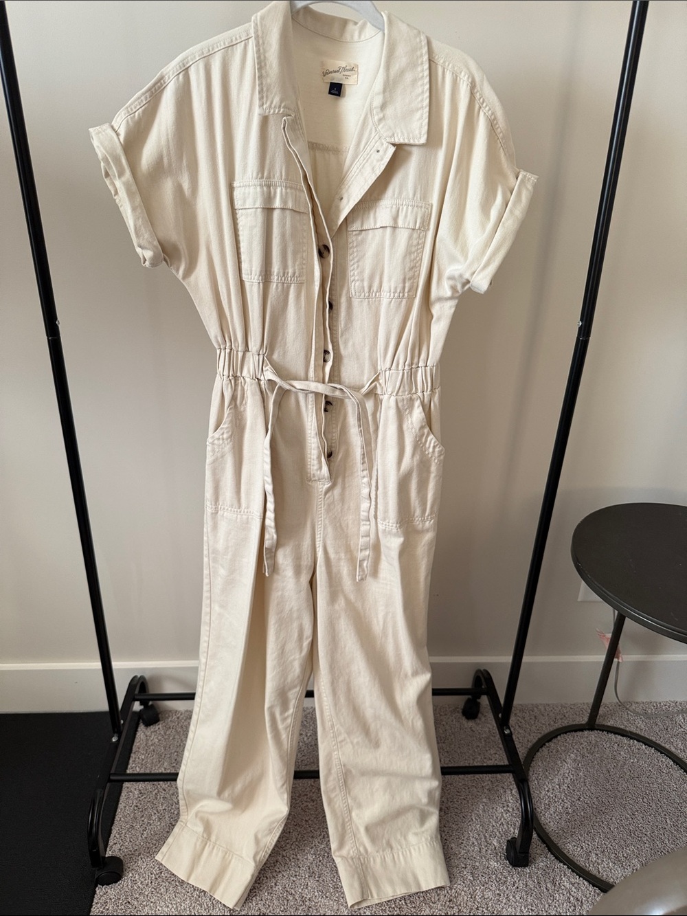 Cream Drawstring Utility Jumpsuit